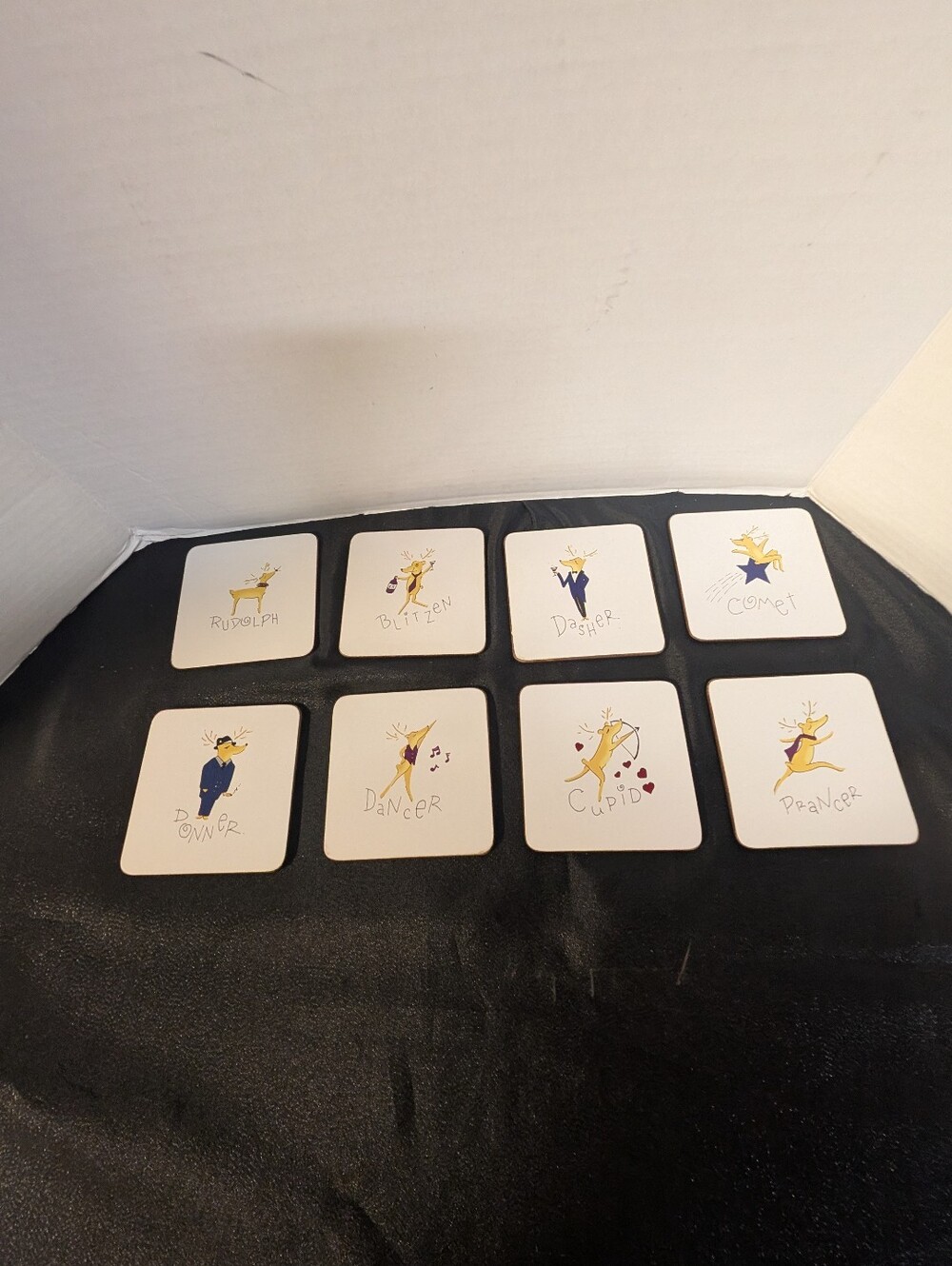Pottery Barn Santa’s Reindeer Cork Bar Drink Coasters Set Lot Of 8